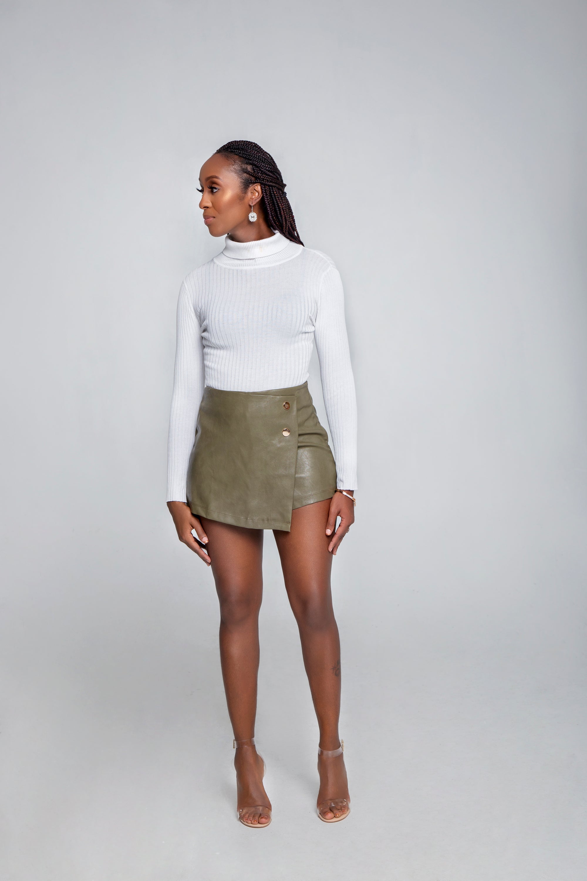 Faux Leather Skort with Button Detail